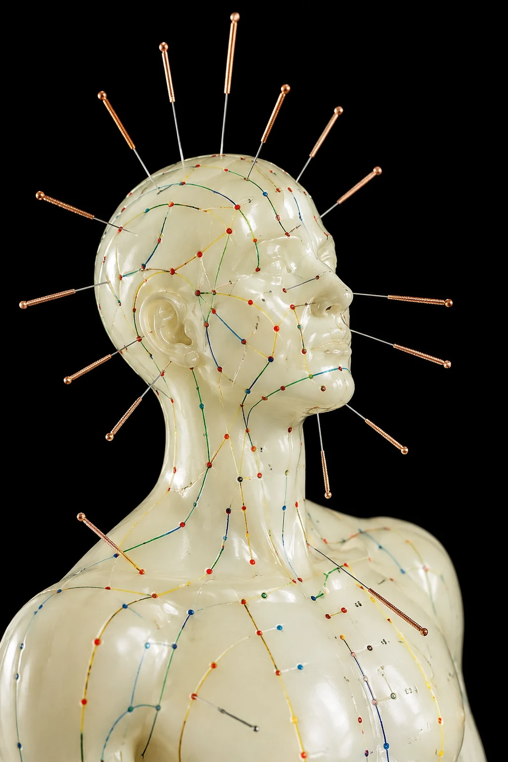 Acupunctuurmodel met meridianen en acupunctuurnaaldjes